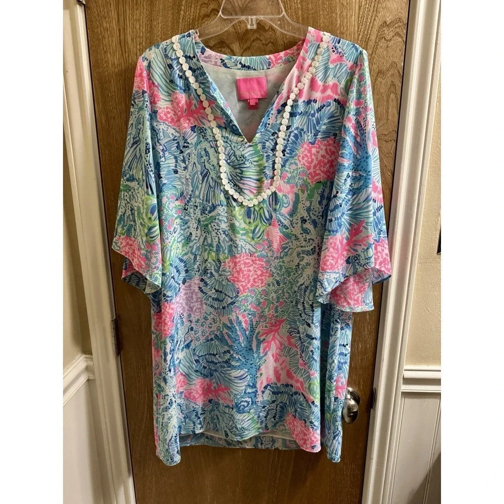 Lilly Pulitzer Delancey Dress Multi Color Blue Sink or Swim Lined Women's Size M